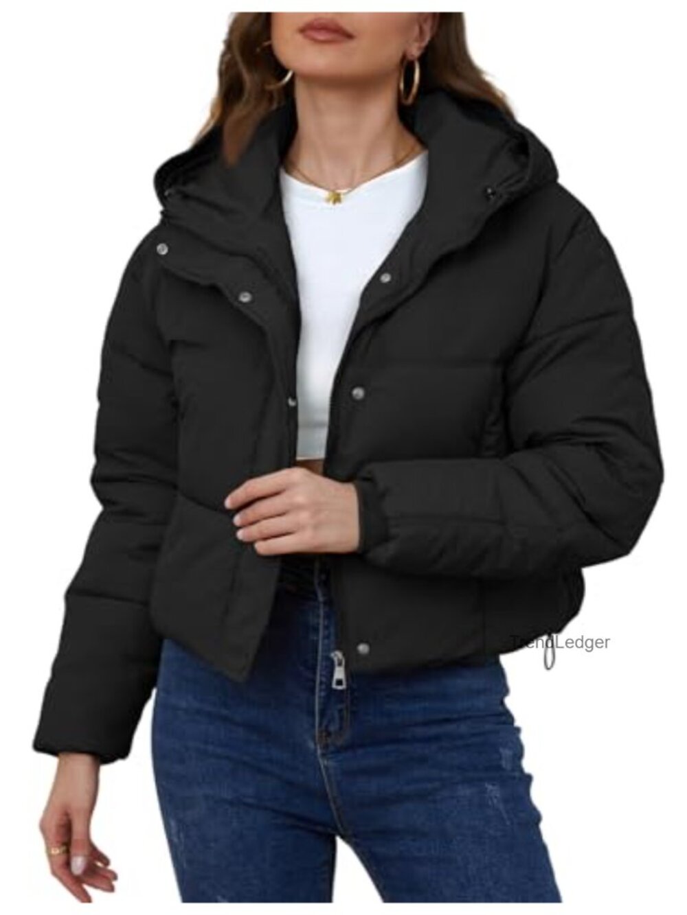 Cropped Puffer Jacket Hooded Water-Resistant Zip Snap Closure